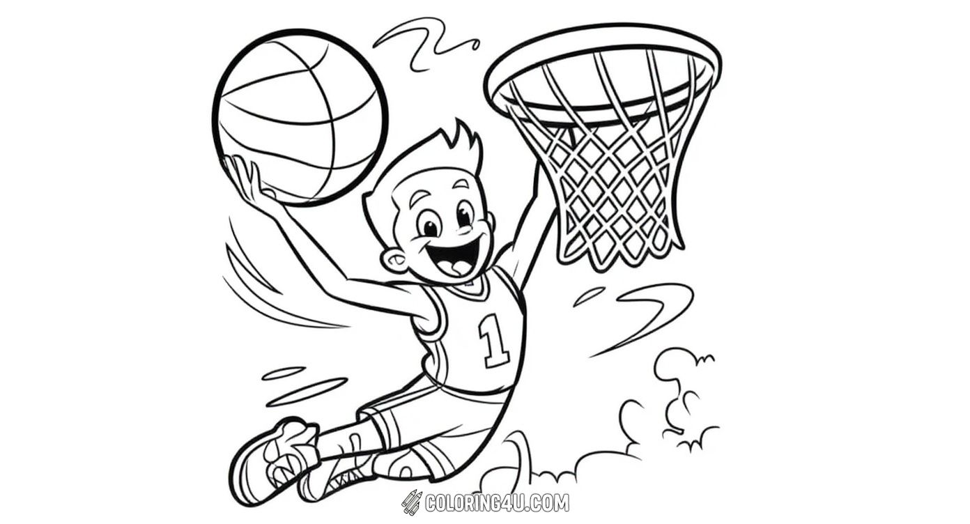 This fun coloring page shows a cheerful boy wearing a basketball jersey with the number 1, as he jumps high to dunk the ball into the hoop. Kids will love bringing this exciting basketball moment to life with their favorite colors!