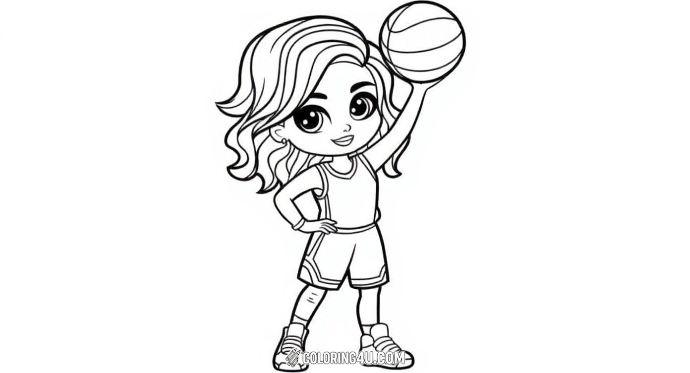 This delightful coloring page features a confident girl standing proudly with a basketball held high in one hand. Kids will enjoy coloring her sporty outfit and expressive eyes as they imagine her ready to play and have fun!
