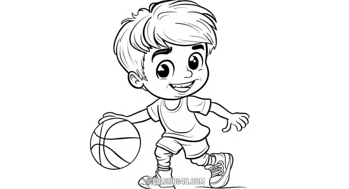 Here we have a joyful boy dribbling a basketball confidently, ready to show off his skills on the court. This cute image invites kids to imagine playing a great game while coloring in this energetic young player.