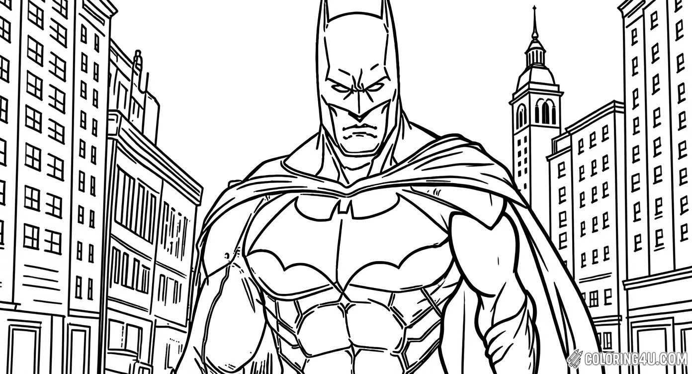 Color this exciting scene of Batman standing tall in front of a cityscape, ready to protect Gotham! This fun and bold coloring page invites kids to add their own vibrant hues to the Dark Knight and the buildings behind him.