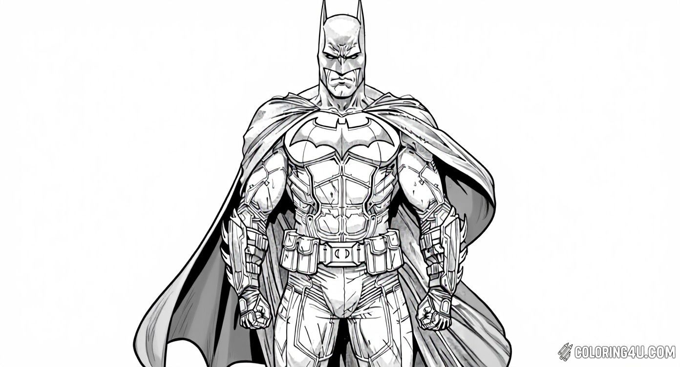 Get ready to bring Gotham's hero to life in this detailed coloring page featuring Batman standing strong with his iconic cape and armored suit, set against an intricate background. Perfect for kids who love superheroes and want to add bold colors to Batman's powerful look!