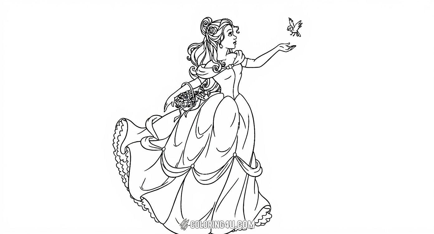 Bring Belle to life in this beautiful coloring page where she wears an elegant ball gown and gently interacts with a small bird. This magical image from Beauty and the Beast invites kids to add colors to Belle's flowing dress and the delicate nature around her.
