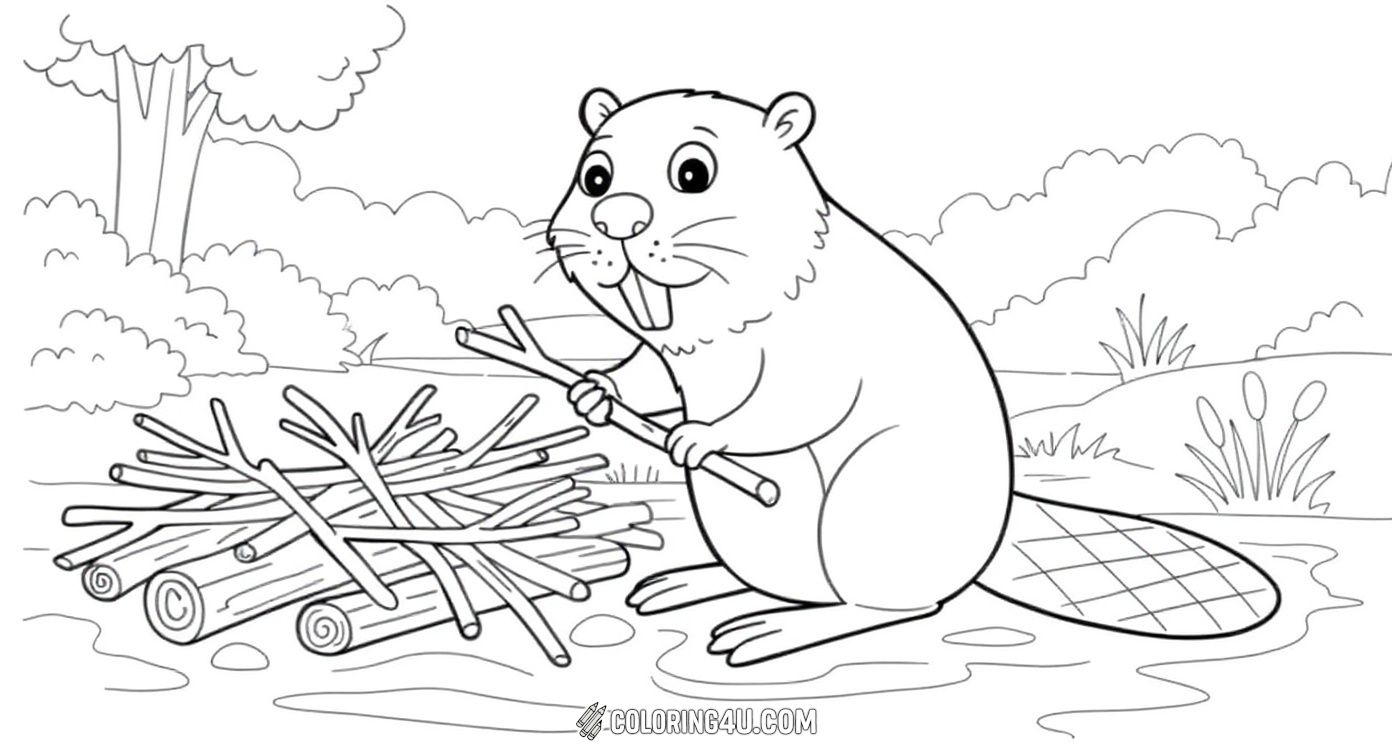 This fun coloring page features a busy beaver gathering sticks and building a dam by the water. Kids can enjoy bringing this hardworking animal and its natural habitat to life with colors!