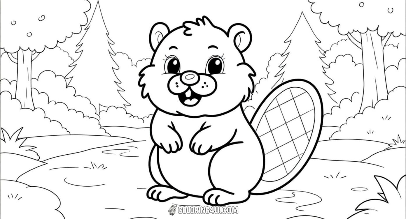 This cheerful cartoon beaver is standing in a forest clearing, smiling happily with its big tail visible. Kids will have fun coloring this lively scene filled with nature and friendly animal vibes.