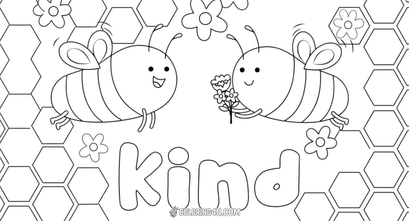 Spread kindness with this delightful coloring page that shows two cheerful bees, one offering flowers to the other, surrounded by flowers and honeycomb patterns. The playful text 'BEE kind' encourages kids to share positivity while having fun coloring this engaging and heartwarming image.