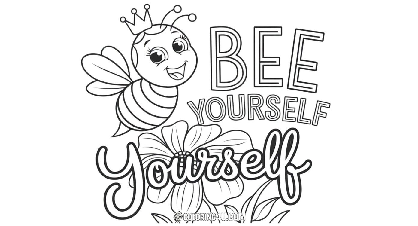 This inspiring coloring page features a happy bee wearing a crown, flying above big flowers with the uplifting phrase 'Bee Yourself.' It's a wonderful and encouraging message for kids to express their uniqueness while coloring this joyful and motivational scene.
