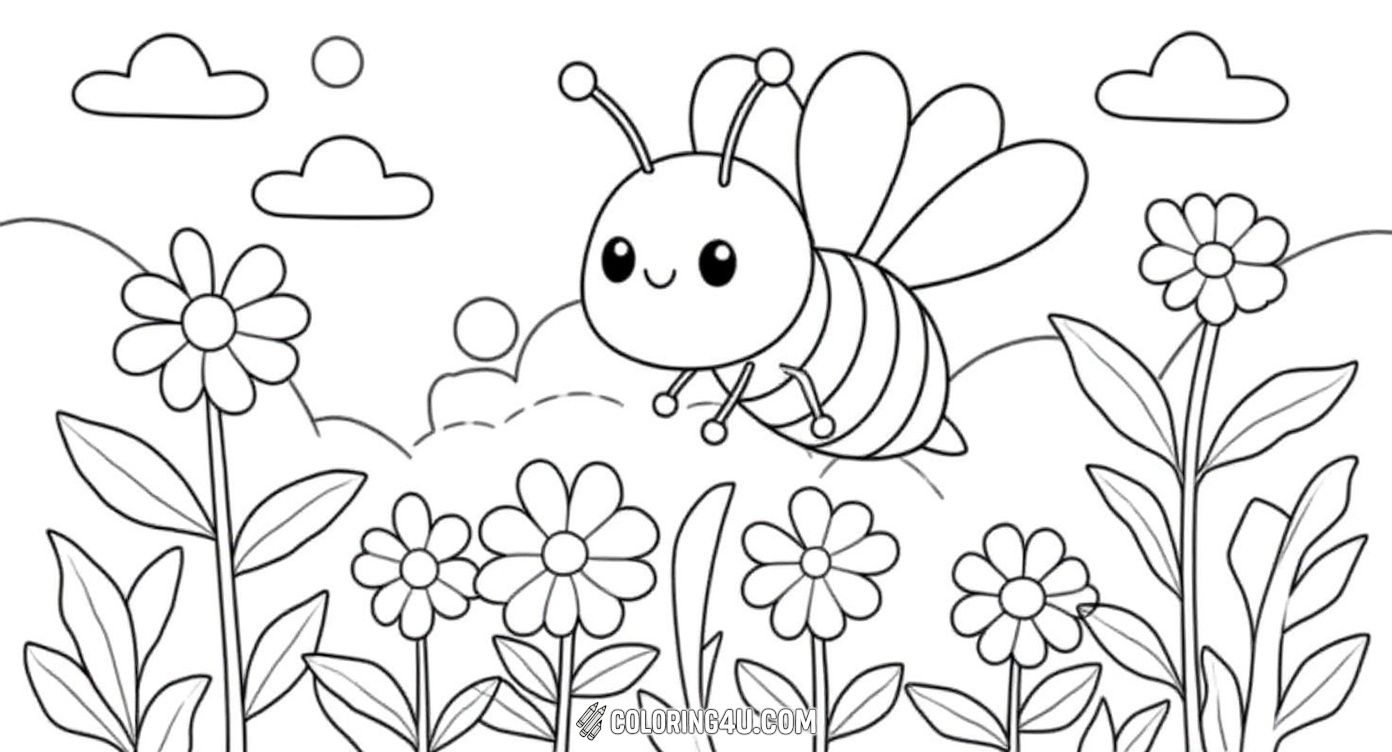 This adorable coloring page features a cute bee happily flying around a vibrant flower meadow under a sunny sky with fluffy clouds. It's a delightful scene that invites kids to bring the cheerful nature to life with bright colors and imaginative creativity.