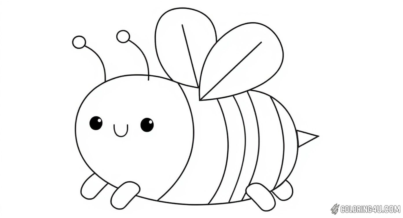This adorable hand-drawn coloring page features a happy bumblebee flying joyfully among small flowers. Its rounded shape, big eyes, and sweet smile make it perfect for young kids to color and enjoy the cheerful scene of nature.