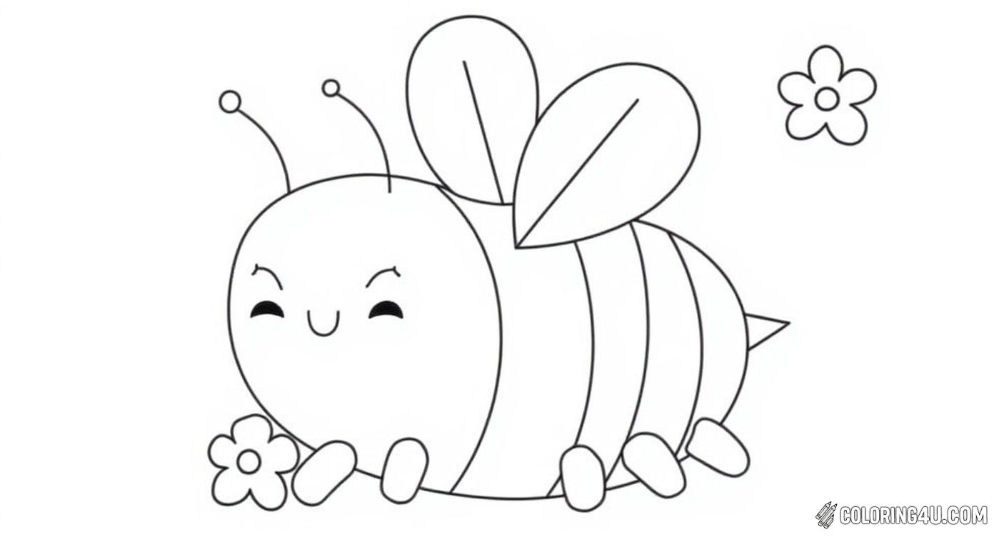 This adorable coloring page features a cute smiling bee flying happily among simple little flowers. With its friendly face and round body, it's perfect for young kids to color and enjoy as they bring this cheerful bee to life!