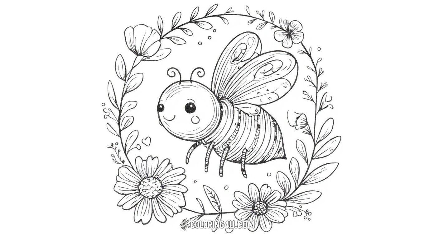 This charming coloring page features a detailed bee surrounded by a beautiful wreath of flowers and leaves. Perfect for kids who love nature, this artistic design invites you to explore the intricate patterns on the bee's body and wings while adding colorful blossoms to the scene.