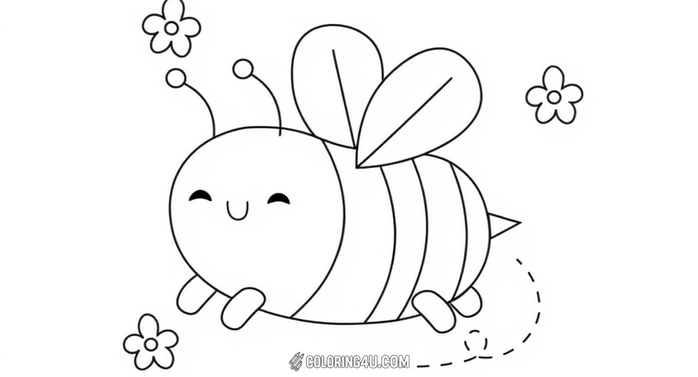 This charming coloring page shows a happy, chubby bee buzzing joyfully among simple flowers, surrounded by a few floating blooms. With its playful expression and bold outlines, it's perfect for young kids to color and enjoy a fun, relaxing activity.