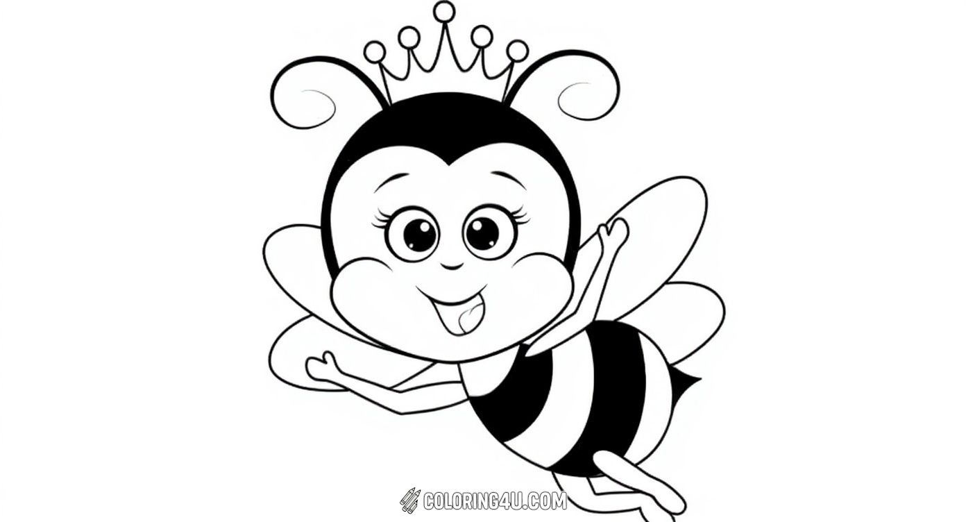 Here is a joyful coloring page featuring a happy bee queen wearing a crown, flying amidst floating flowers. This charming bumblebee has big sparkling eyes and an excited expression, making it perfect for young artists who love magical and playful bee adventures.