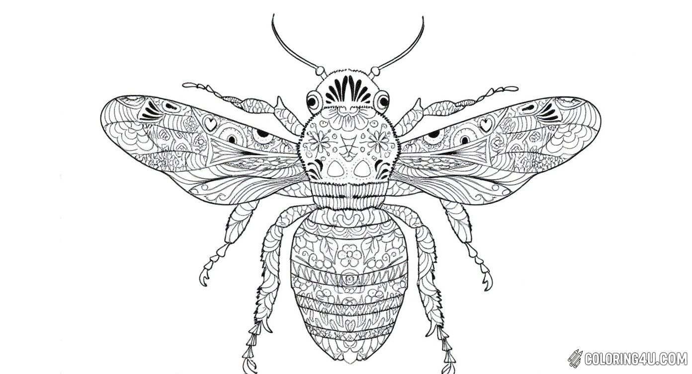 This detailed coloring page showcases a beautifully intricate bee adorned with delicate floral and geometric patterns, surrounded by hexagonal honeycomb shapes. It's perfect for kids who enjoy a bit of a challenge and want to create a spectacular, patterned masterpiece full of vibrant colors and creativity.