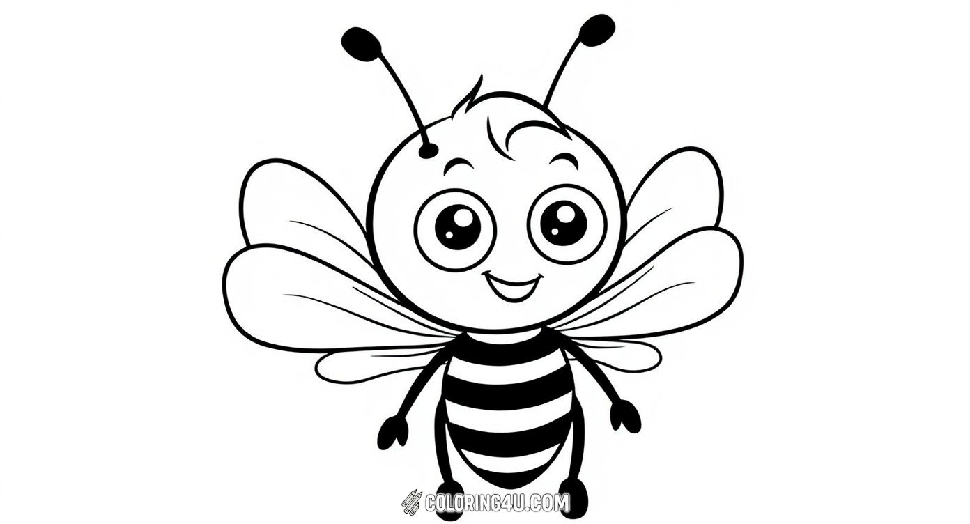 This adorable coloring page depicts a smiling cartoon bee with expressive eyes and delicate wings. The bee looks cheerful and friendly, inviting kids to color its striped body and have fun filling in a simple yet enchanting bee character.