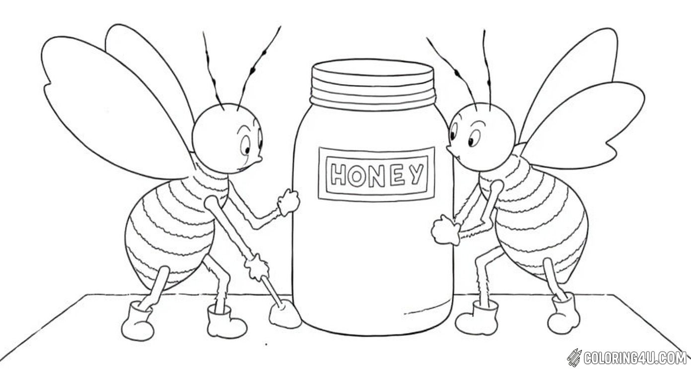 This delightful coloring page shows two hardworking bees wearing boots, busy painting a big honey jar on a table. With one bee standing on a stool and the other holding a paintbrush, kids can enjoy adding vibrant colors to this playful and imaginative scene.