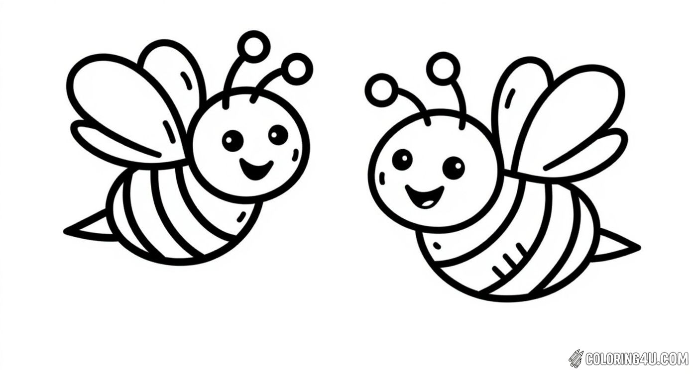 Two Smiling Bees Flying Cartoony Style