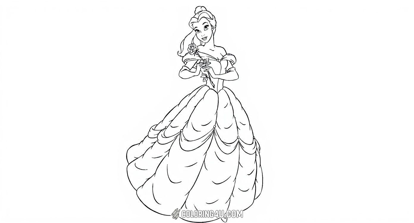 Here is Belle in her elegant ball gown holding the enchanted rose from Beauty and the Beast. This richly detailed coloring page invites children to add vibrant colors to Belle's beautiful dress and the magical rose she cherishes.