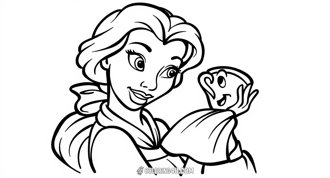 This delightful coloring page shows Belle from Beauty and the Beast sharing a sweet moment with Chip, the charming little teacup. Kids will love bringing to life this warm friendship with their favorite colors!