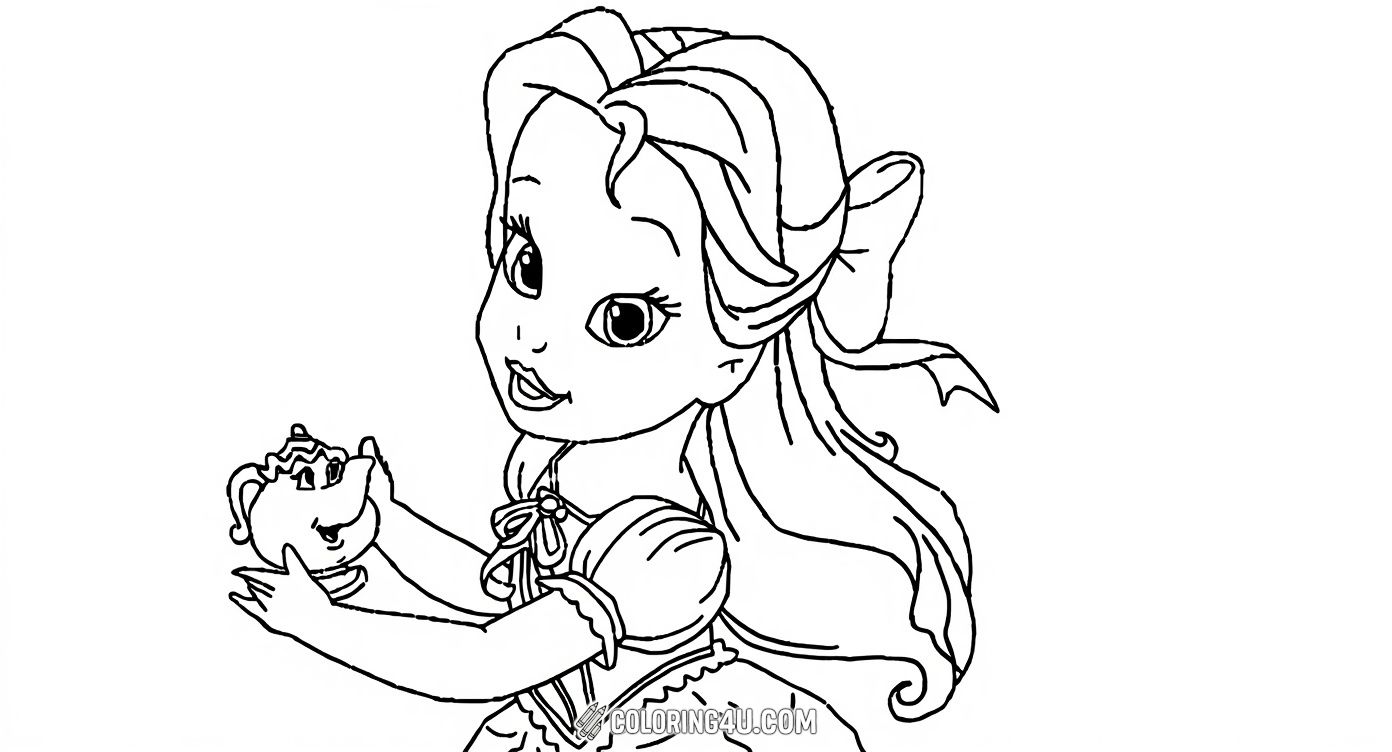 This fun and adorable coloring page features a cartoon-style Belle holding Chip, the lovable teacup. Kids can enjoy coloring Belle's lovely dress and Chip's happy expression in this playful and charming scene.