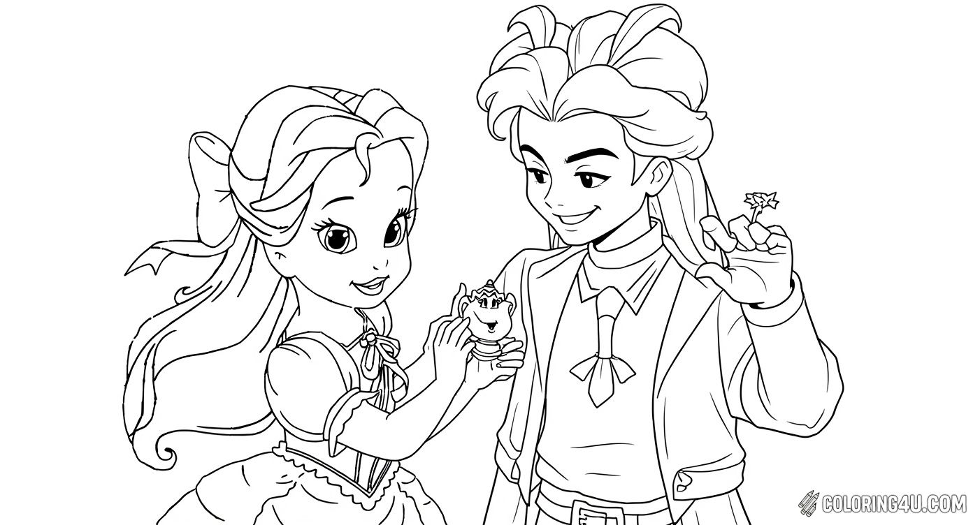 This adorable coloring page shows a young Belle holding Mrs. Potts in a playful and sweet moment. Perfect for kids who enjoy fairy tales, this image offers a wonderful chance to add vibrant colors to a heartwarming scene.