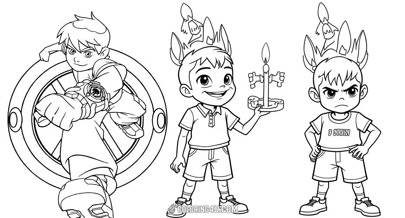 Celebrate a special birthday with Ben 10 and his awesome alien forms on this fun coloring page! Kids can enjoy coloring Ryan's favorite heroes posing confidently, making it a perfect birthday-themed activity for Ben 10 fans.