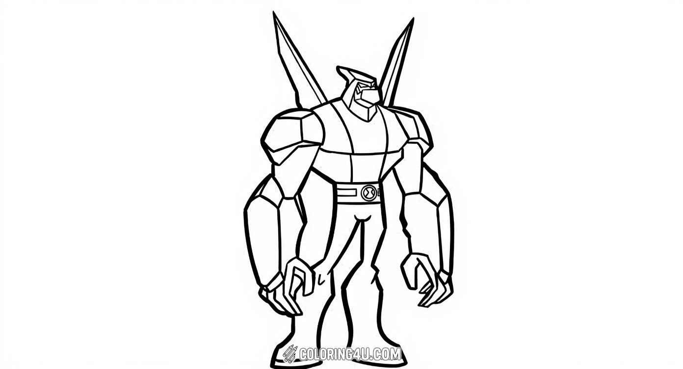 Color this cool and powerful robotic alien character from Ben 10 Ultimate Alien! Perfect for fans who love machines and heroes, this page invites kids to add their own creative touch to this strong and dynamic figure.