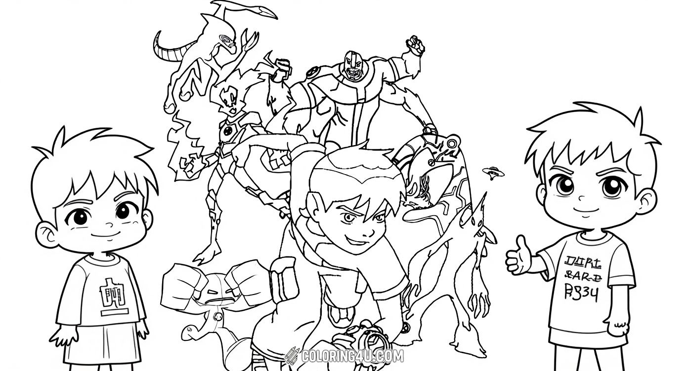 Join Ben 10 and his amazing alien friends in this exciting coloring page! Kids can bring these popular characters to life with bright colors while exploring the adventurous world of Ben 10.