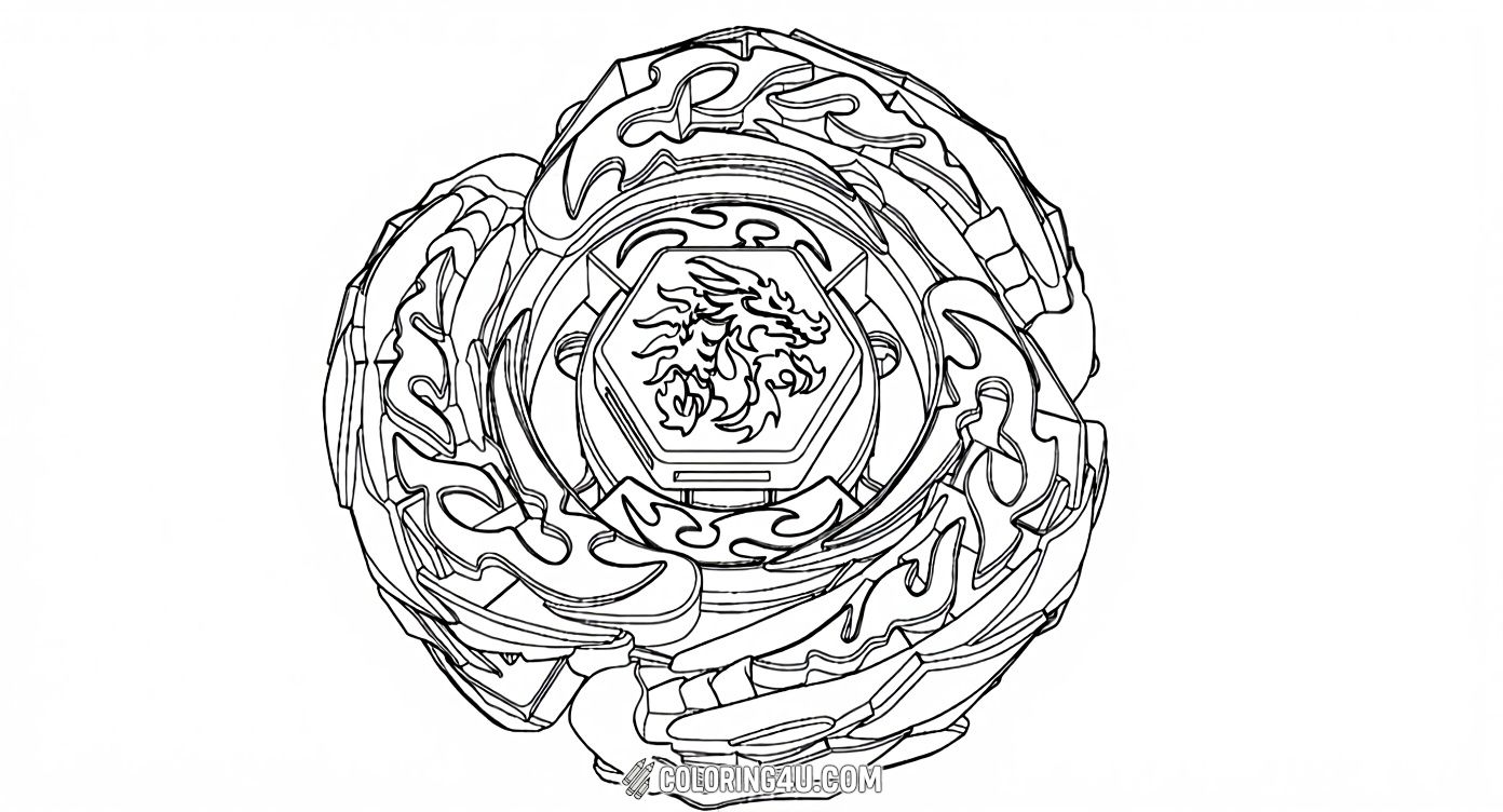 Unleash fiery creativity with this Beyblade coloring page showing a powerful dragon-emblazoned spin top. It's a perfect design for kids who love dynamic patterns and fierce creatures, ready to be colored in vibrant shades of red, orange, and yellow!
