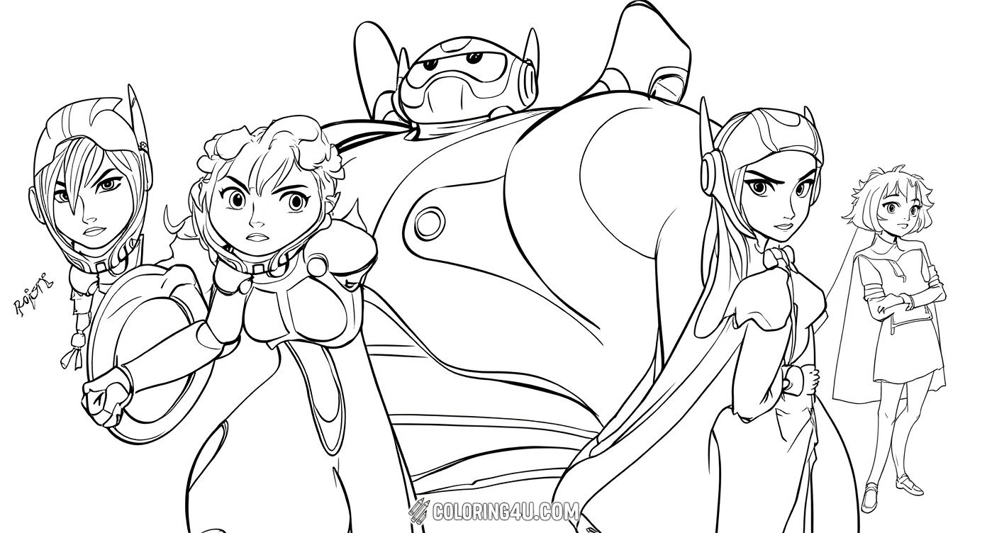 This exciting coloring page features the main heroes from Disney's Big Hero 6, including Hiro Hamada, Baymax, and their friends with an adorable robot and a cool villain. Kids can bring these brave and inventive characters to life with colors while imagining thrilling adventures in their futuristic city!