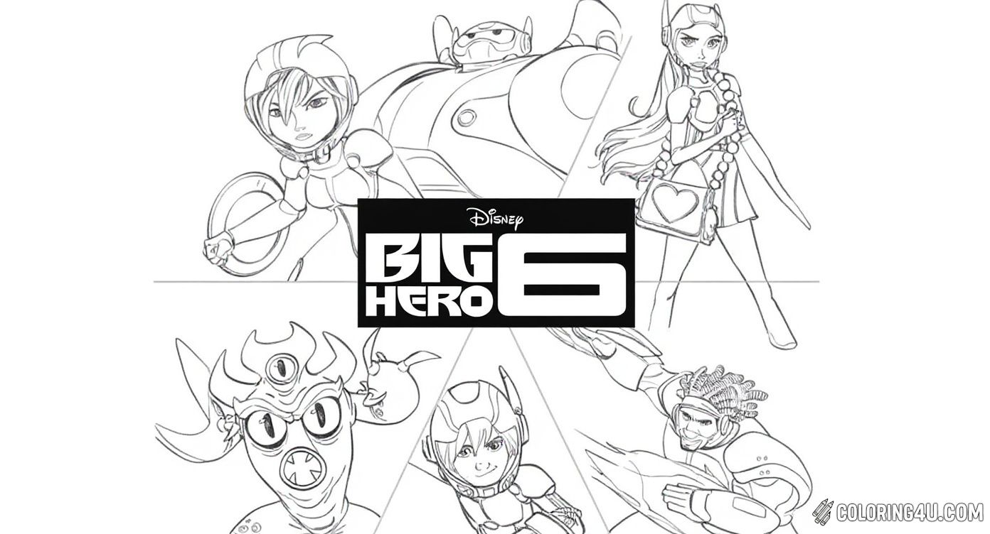 Color this dynamic collage featuring all the heroic members of Big Hero 6! From fierce fighters to quirky sidekicks, this page celebrates the whole team, inviting kids to add vibrant colors to their favorite characters from the Disney adventure.