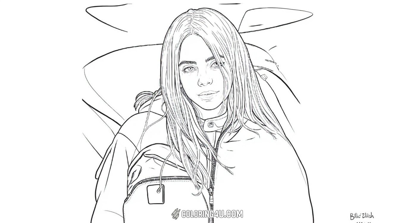 Here is a charming coloring page of Billie Eilish with a relaxed, casual look. She has long hair and is dressed comfortably, inviting kids to use their imagination to add beautiful colors to her face, hair, and clothing. This portrait captures her friendly and approachable vibe, making it a fun and engaging activity.