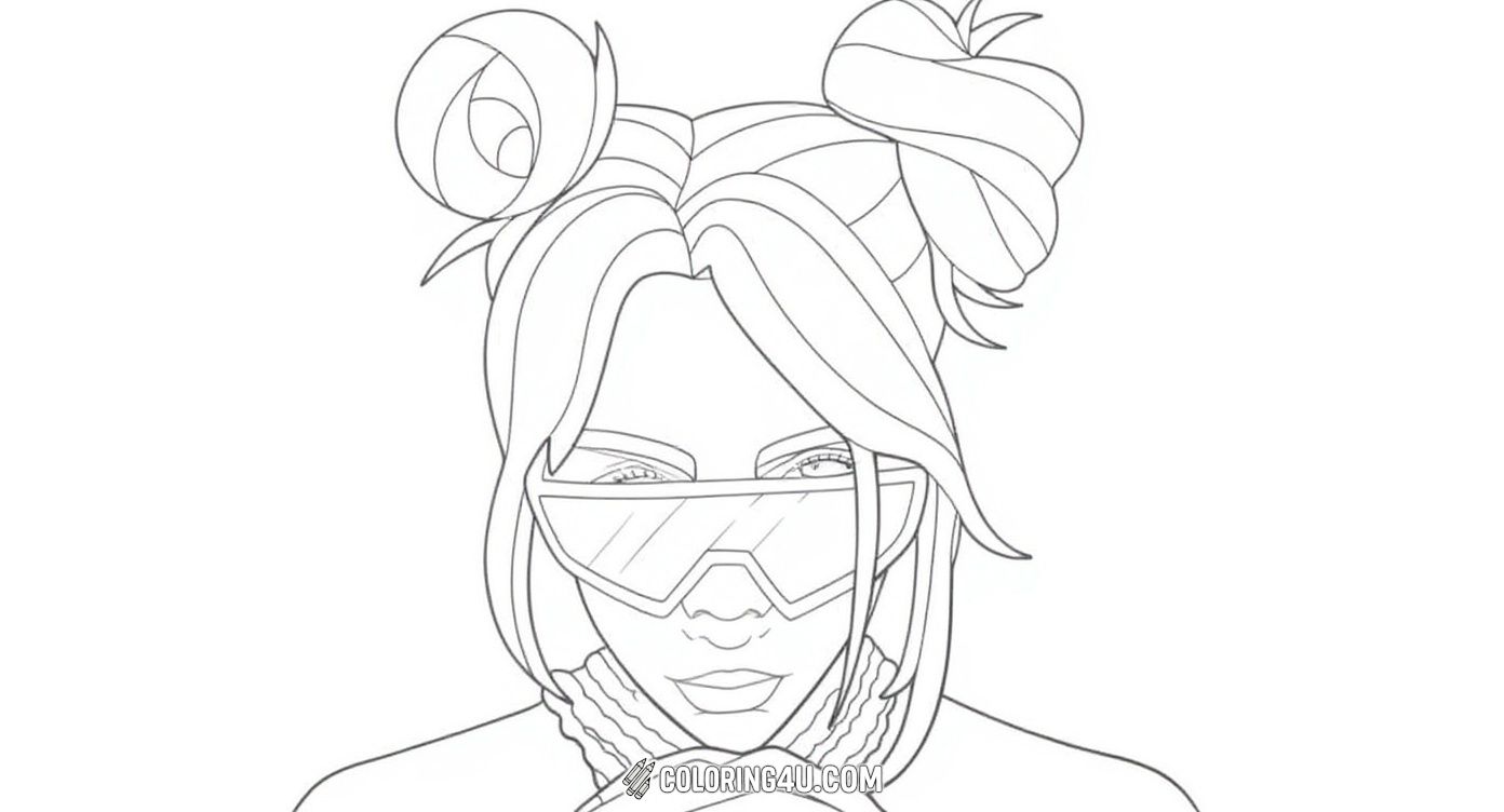 This unique coloring page shows Billie Eilish in a cool, futuristic style wearing oversized sunglasses and a creative hairstyle with buns. The detailed outfit has trendy patterns and lettering, perfect for kids who love to experiment with vibrant colors and design while coloring a bold and stylish representation of the pop star.