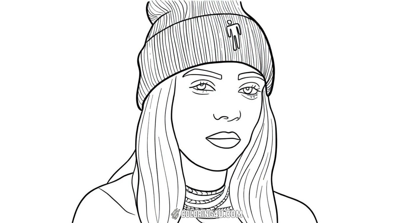 Get ready to color this lovely picture of Billie Eilish wearing a cozy beanie and multiple necklaces. The simple lines make it perfect for kids to bring Billie’s winter style to life with their favorite colors.