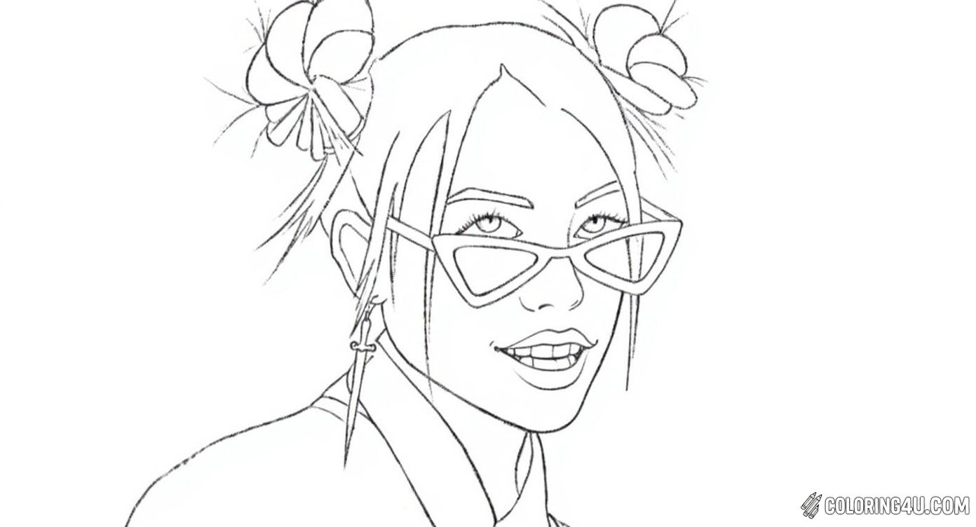 This playful line drawing features a trendy character with two space buns, quirky glasses, and a charming smile. Kids will love coloring the details in the hair accessories, glasses, and earrings, creating a fun and fashionable look full of joyful vibes.