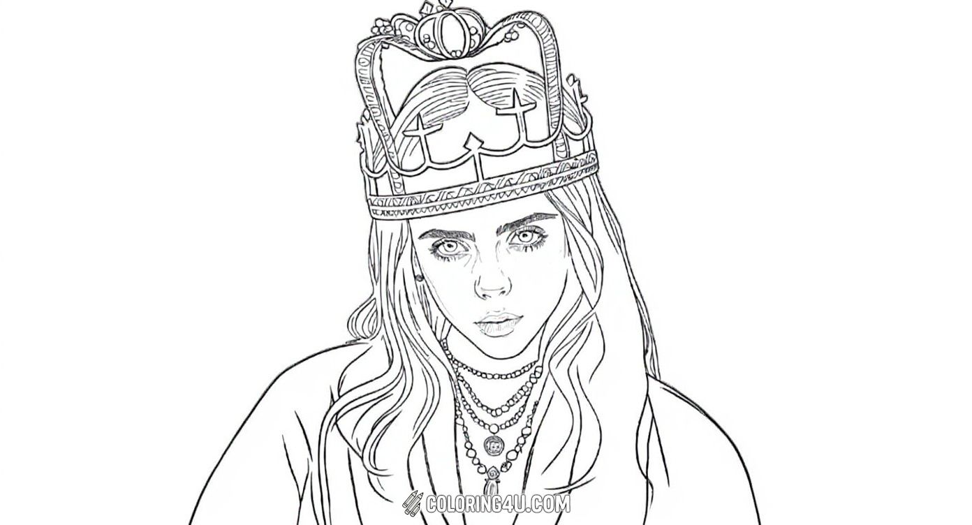 This coloring page features the famous singer Billie Eilish wearing a large, ornate crown, symbolizing her powerful presence in the music world. Children can enjoy coloring her flowing hair, detailed necklaces, and the intricate crown while bringing this royal image of Billie to life with their own creativity.