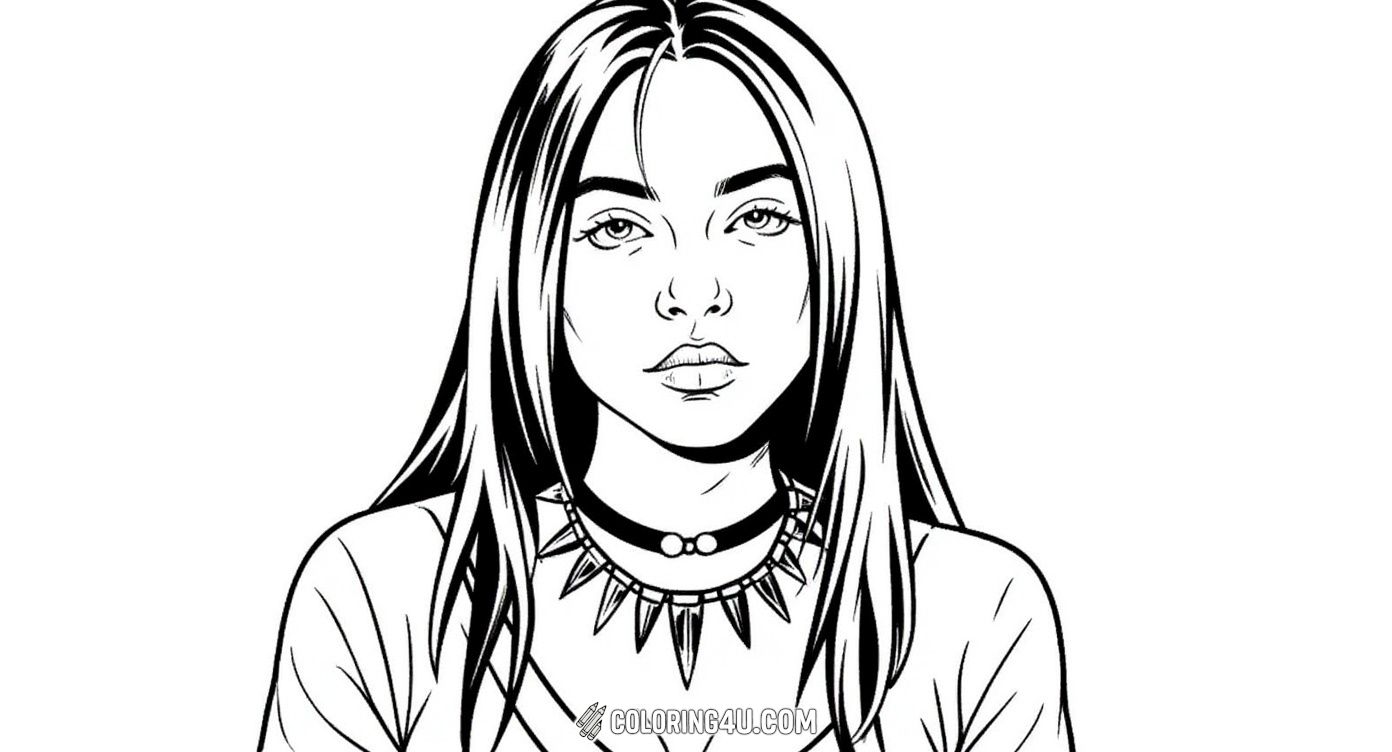 This exciting coloring page features Billie Eilish with long flowing hair, a spiked necklace, and her signature bold style. Kids can have fun coloring in the details and creating their own cool version of this music star!
