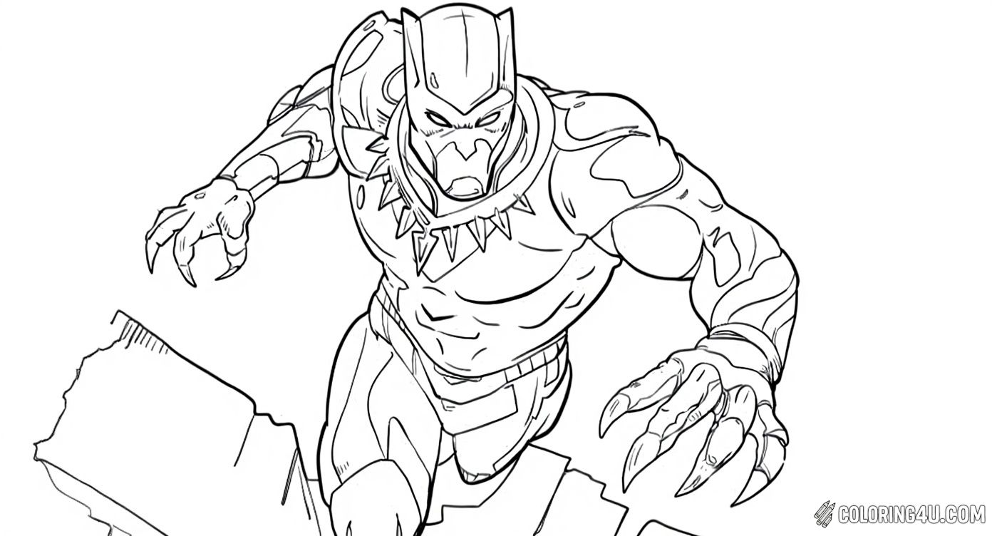 Here, Black Panther is captured mid-leap in an action-packed scene full of energy and movement. Kids can enjoy coloring his fierce expression, sharp claws, and the detailed suit as he jumps across a broken cityscape. This dynamic page invites creativity and excitement for any fan of this Marvel superhero.