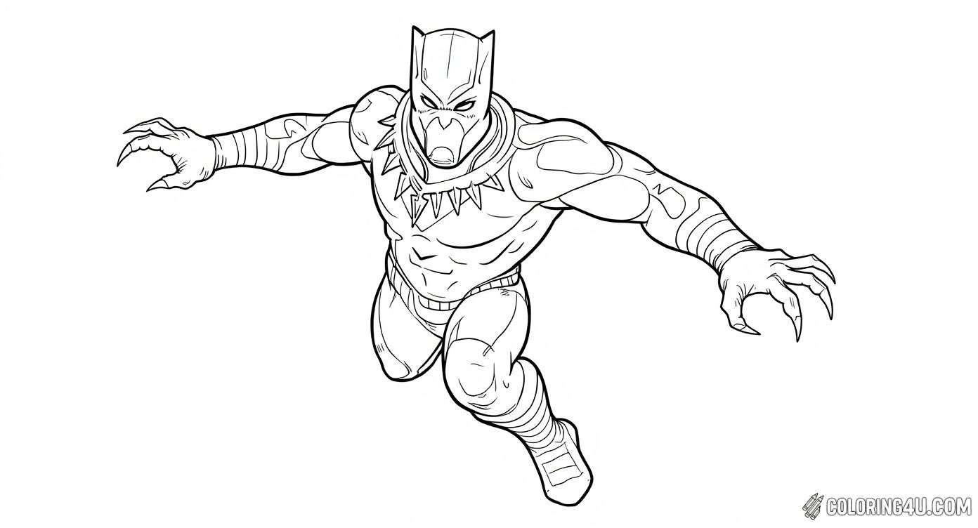 Jump into the action with this coloring page showing Black Panther leaping forward with claws ready! The dramatic perspective and detailed suit make it an awesome scene for kids to color. This Marvel superhero image invites young artists to use their imagination and bright colors to make this heroic moment come alive.