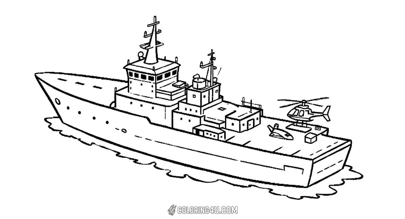 Here is an exciting amphibious assault ship coloring page showing a powerful naval vessel with a helicopter landing pad on top. Children can color the ship's detailed structure and imagine a helicopter taking off or landing, making this image perfect for those fascinated by military ships and action-packed adventures.