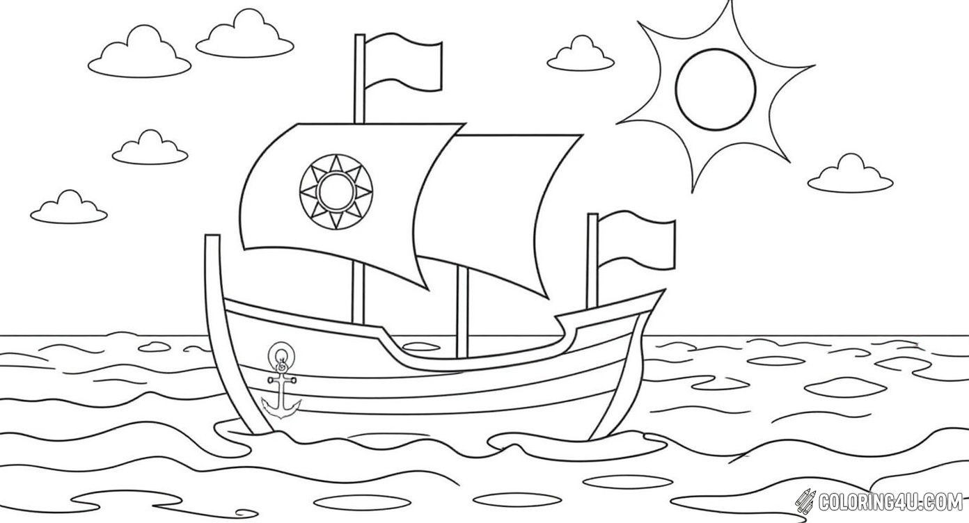 Cartoon Sailing Ship Waves Sun Clouds