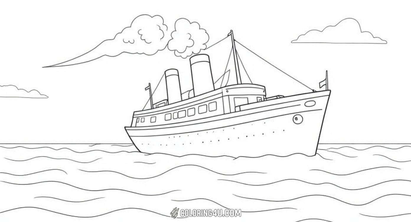 This charming coloring page features a classic steamship with billowing smoke coming out of its twin stacks as it sails through the ocean waves under a sky dotted with fluffy clouds. Kids can have fun coloring the sturdy ship and the lively scene, imagining an exciting voyage across the sea.