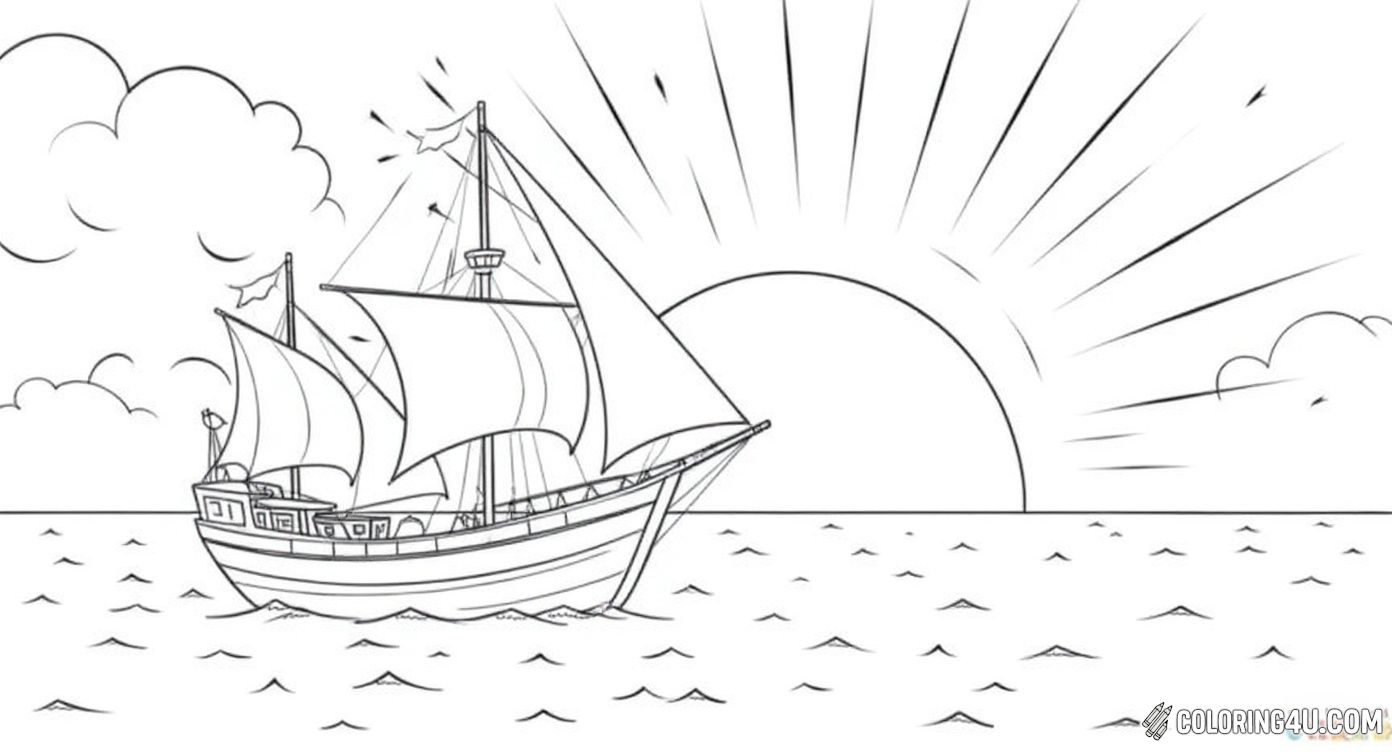 Sailing Ship Sunset Ocean Coloring