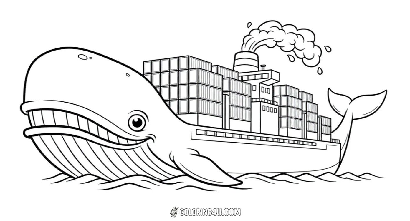 This fun and imaginative coloring page depicts a whale combined with a container cargo ship, smiling as it carries stacks of containers on its back while sailing through the waves. This playful design invites kids to bring this unique sea creature to life with bright and creative colors.