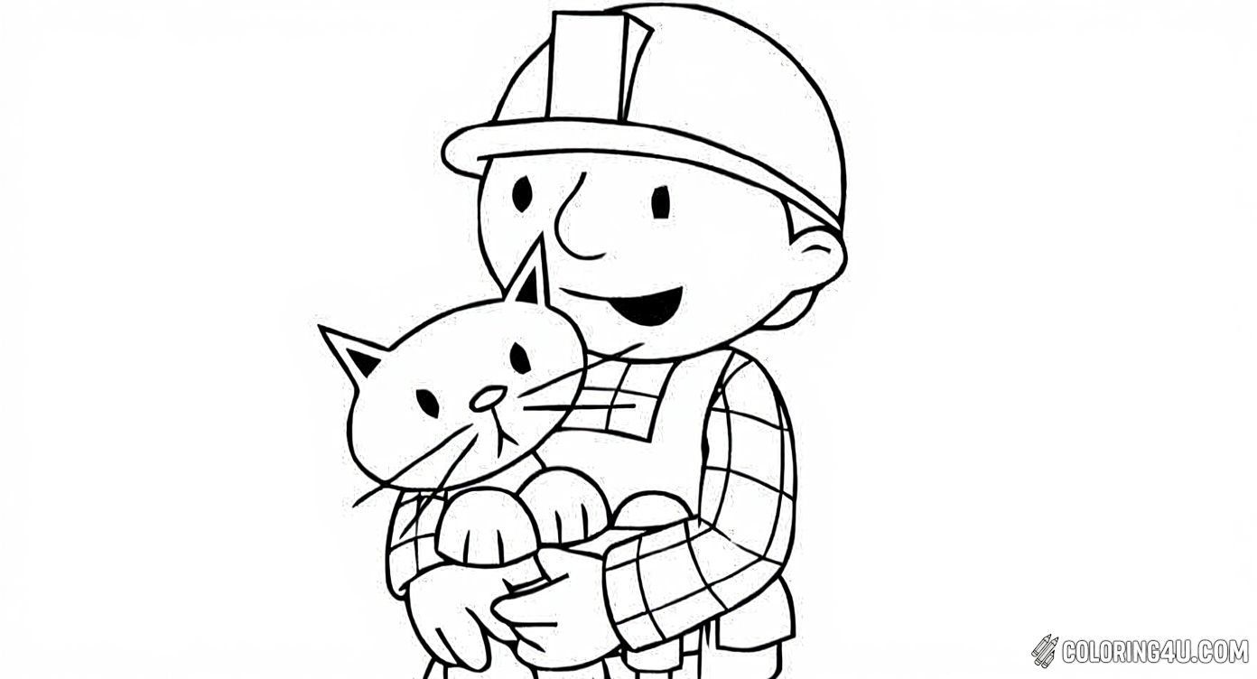 In this adorable coloring image, Bob the Builder is gently holding a cute cat in his arms. Kids can use their creativity to color both Bob and the furry friend, showing the caring side of this beloved construction character.