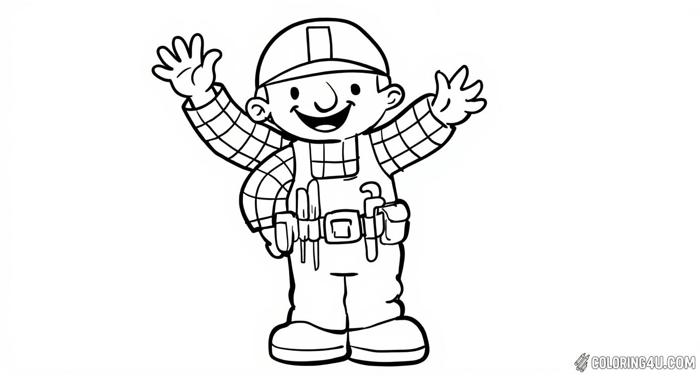 This fun coloring page features Bob the Builder happily waving hello! Kids can enjoy bringing this friendly builder to life with bright colors as he stands ready to help with his tools and big boots.