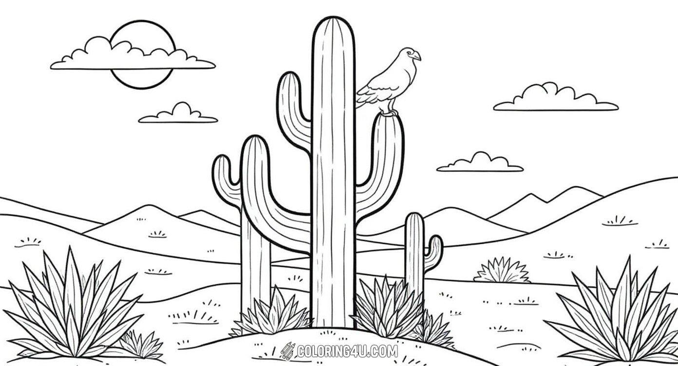 Bring the desert to your coloring book with this serene boho cactus scene featuring towering cacti, a bold sun shining in the background, and a bird perched high above. Kids will enjoy adding vibrant colors to this peaceful nature illustration that captures the calm beauty of the desert landscape.