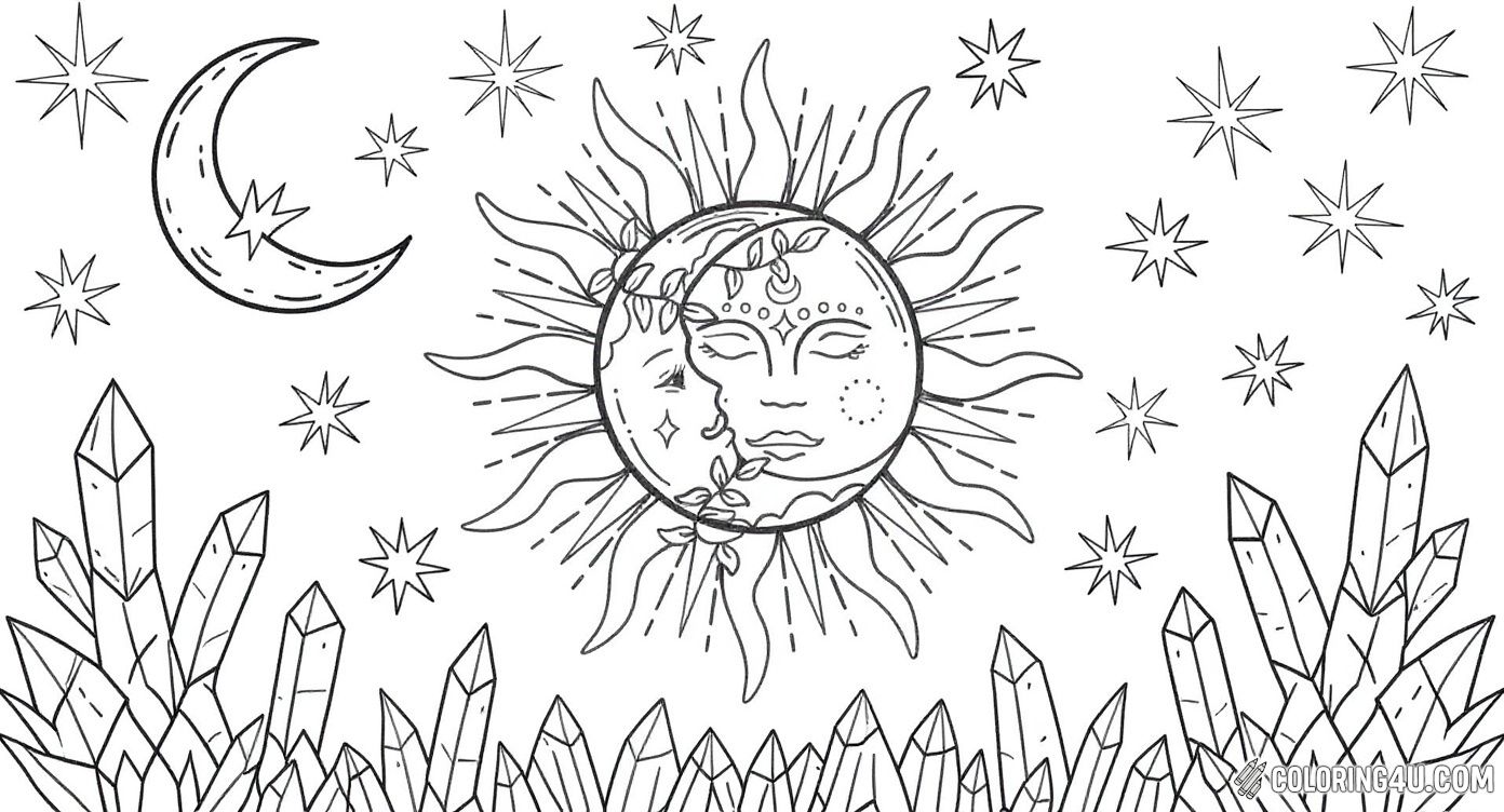 Dive into the magical world of the sun and moon with this enchanting boho-themed coloring page. Surrounded by sparkling stars, swirling clouds, and mesmerizing crystals, this artwork invites kids to explore celestial wonders through vibrant colors and creative imagination.