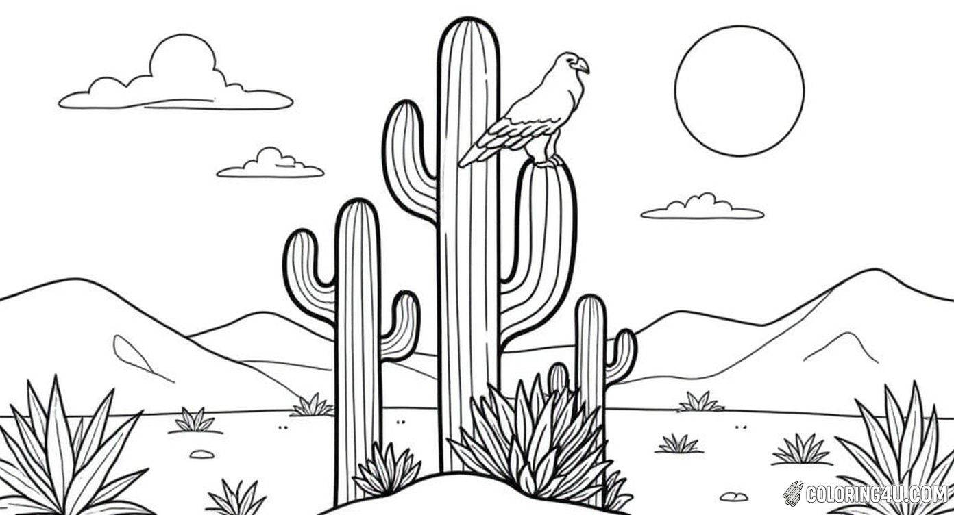 Explore the beauty of the desert in this charming boho coloring page featuring tall cacti, a majestic bird perched on one of the plants, and a glowing sun radiating in the background. Kids will love bringing this serene desert scene to life with their favorite colors.