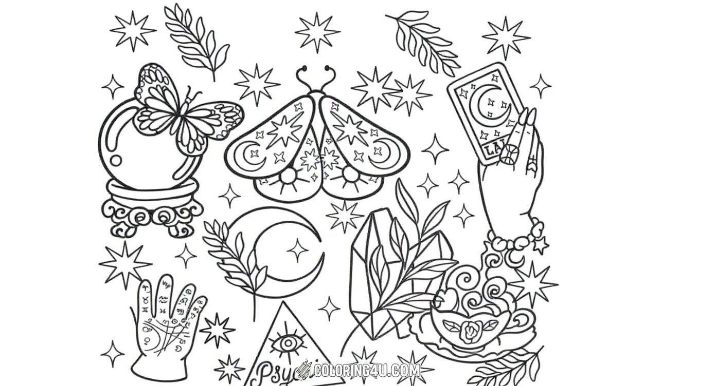 Discover the magic in this boho-themed coloring page filled with mystical symbols like a crystal ball, a butterfly, tarot cards, a moth, and palm reading lines. Kids can bring this enchanting scene to life with colors and explore the exciting world of psychic wonders and celestial charm.