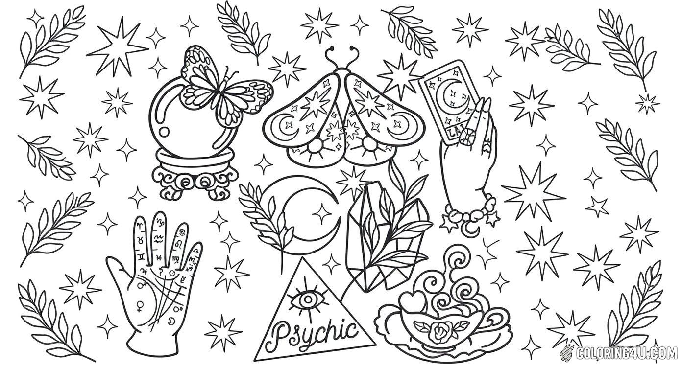 Step into a world of mystery and magic with this fun boho coloring page filled with psychic and mystical symbols like a crystal ball, a butterfly, a hand with zodiac signs, tarot cards, and an all-seeing eye. Young artists can enjoy coloring these intriguing elements while sparking their imagination.